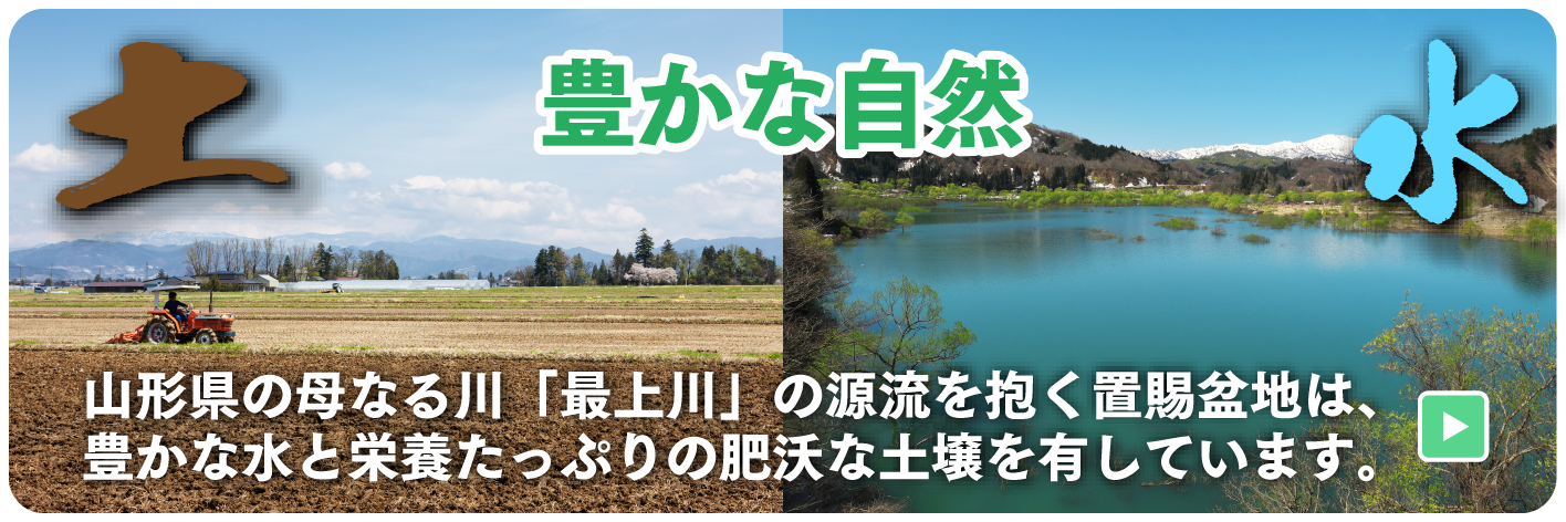 豊かな自然。 山形県の母なる川「最上川」の源流を抱く置賜盆地は、豊かな水と栄養たっぷりの肥沃な土壌を有しています。